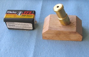Photo #9: Mortar attached to its carriage, aka a hunk of oak from the scrap bin. Taking all precautions, wearing gloves and ear protection, I was pretty disappointed when the first pellet shot an underwhelming seven inches in the air! Adding more powder and using a patch didn’t help; pellet didn’t even come out of barrel that time! Gotta use compressed air to get the pellet out I guess…